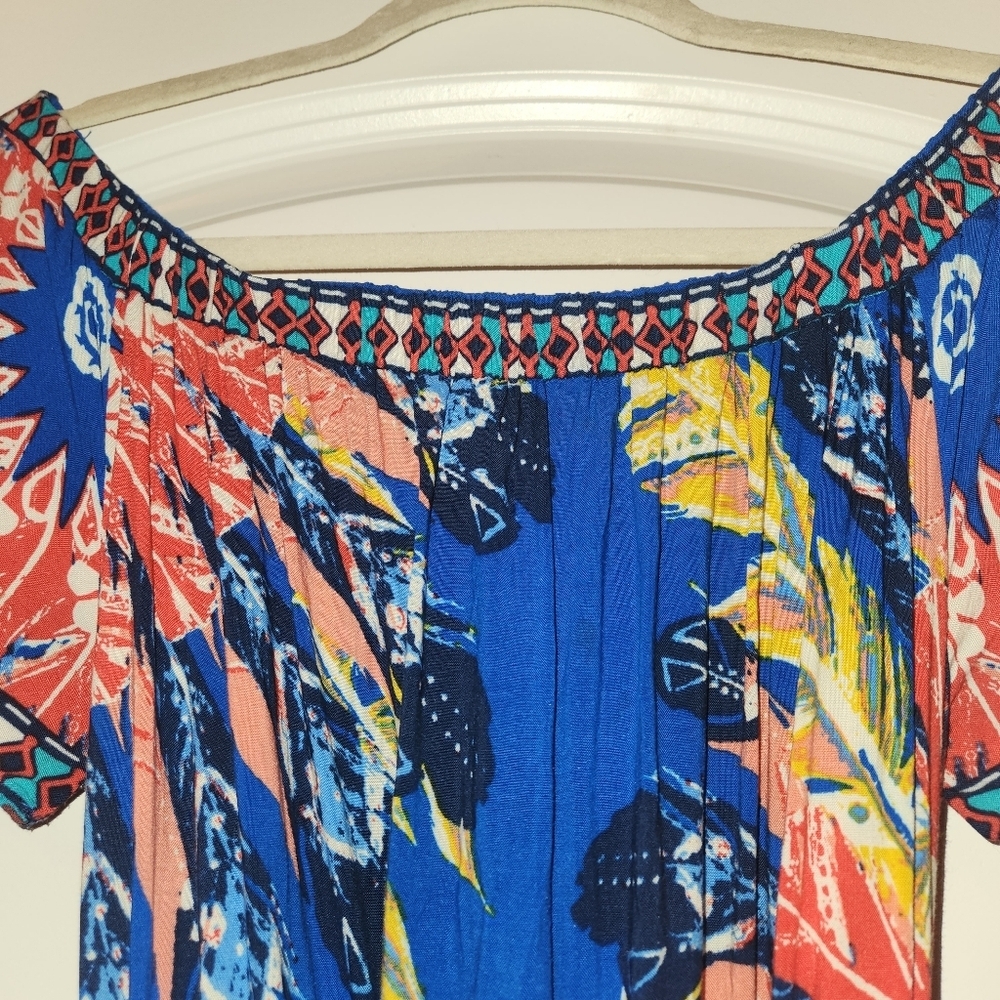 Flying Tomato Blue Floral High-Low Dress Size L Elastic Neck On/Off Shoulder - Picture 6 of 10